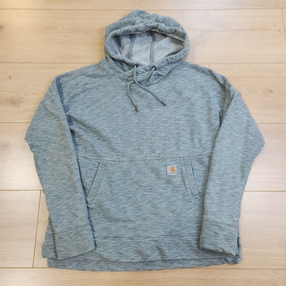 Carhartt Hoodie Womens Small 4-6 Gray Relaxed Fit Terry Pullover Logo Sweatshirt